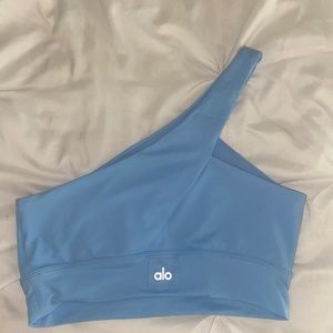 Alo Yoga Diagonal Flex Bra Size L, one shoulder in light blue